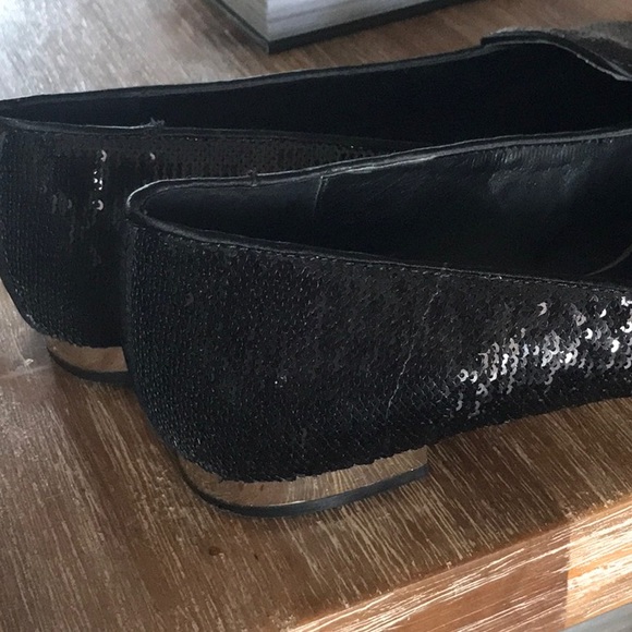 WHBM black shiny sequin flats pointed toe shoes dressy with gold metallic heel - Picture 7 of 7